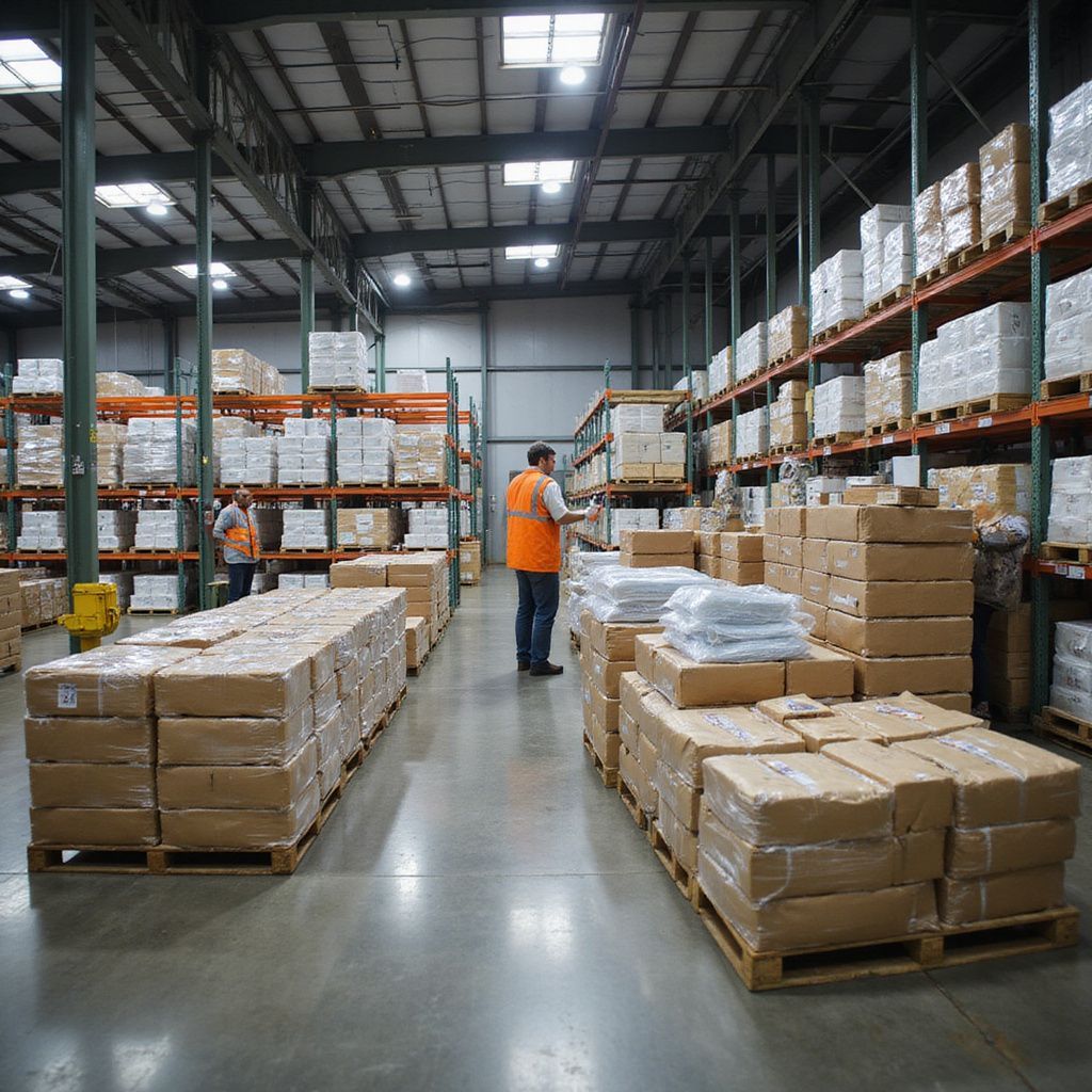 Warehouse aisle with stacked boxes and pallets; a worker in an orange vest stands near shelves.
