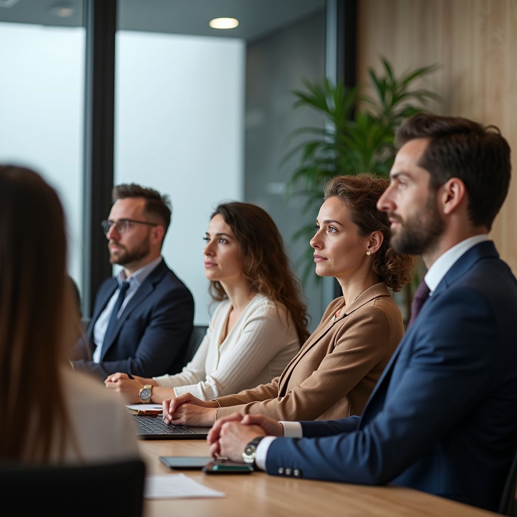 Business professionals seated at a conference table, listening attentively in a modern meeting room