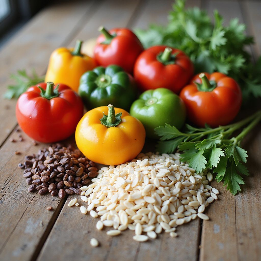 Fresh tomatoes, yellow peppers, rice, beans, and parsley on a rustic wooden table