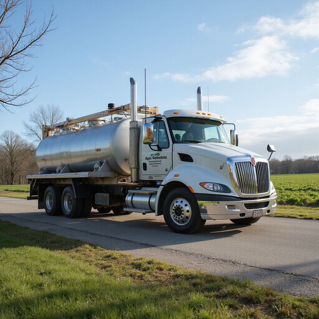 Silver tanker truck parked on a rural road beside a grassy field under a blue sky