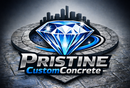 Logo for Pristine Custom Concrete: Blue diamond with city skyline on gray stone.