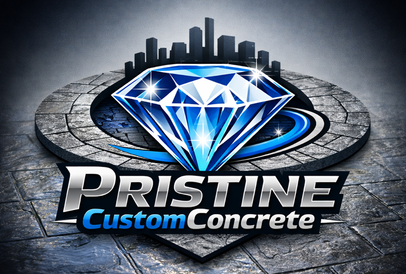 Logo for Pristine Custom Concrete: Blue diamond with city skyline on gray stone.