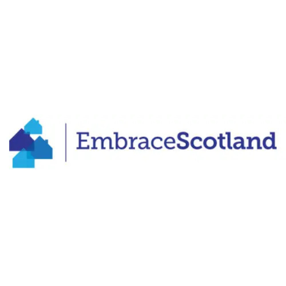 The logo for embrace scotland is blue and white with a house in the middle.