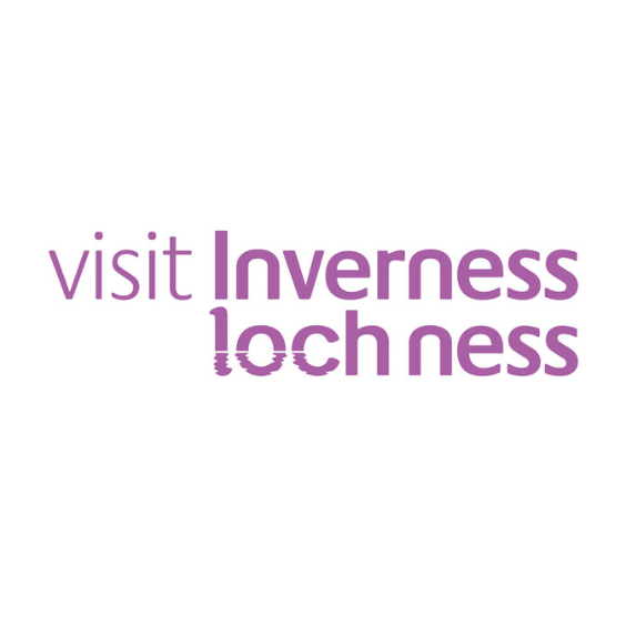 The logo for visit inverness loch ness is purple and white.