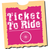 A pink and orange ticket to ride with a bicycle wheel on it.