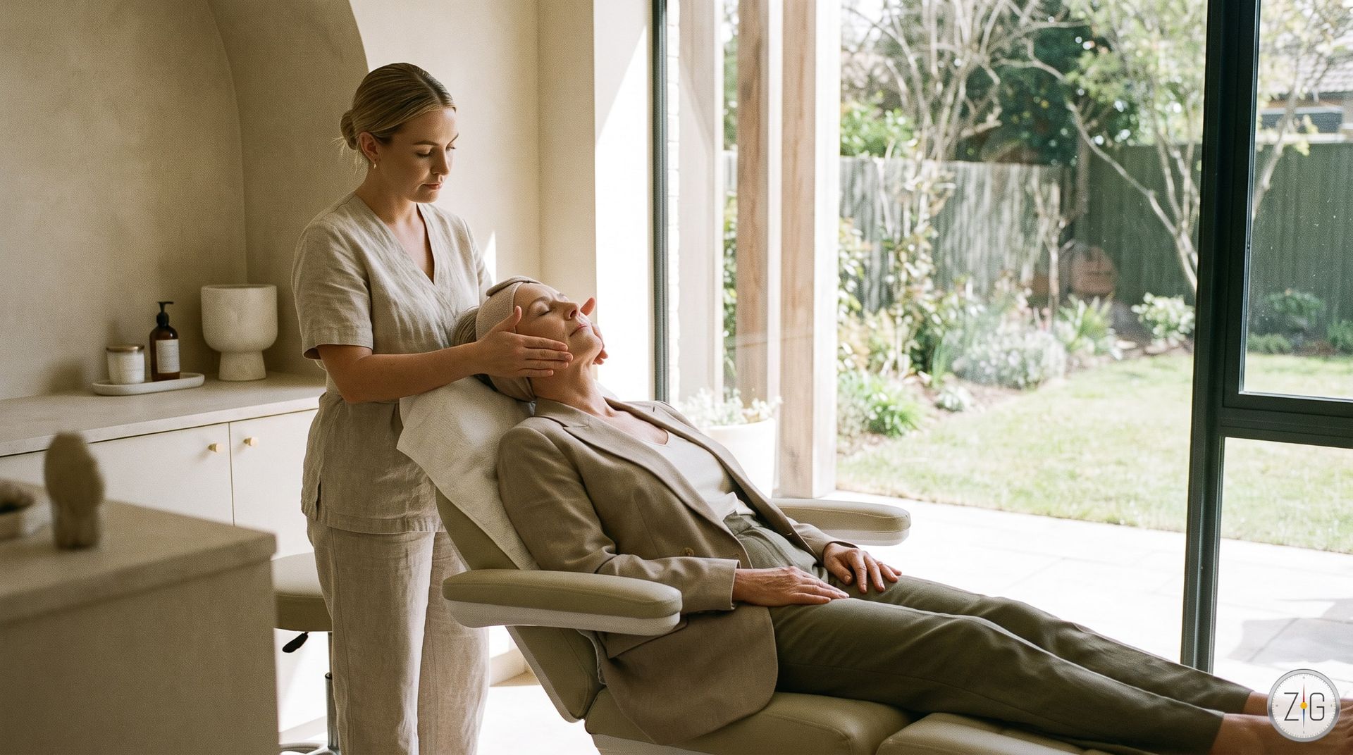 Spa therapist giving a facial massage to a reclining client in a bright treatment room