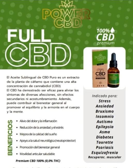 Anuncio promocional del aceite Power CBD, fondo verde con botella, texto CBD, lista de beneficios y usos mostrados.