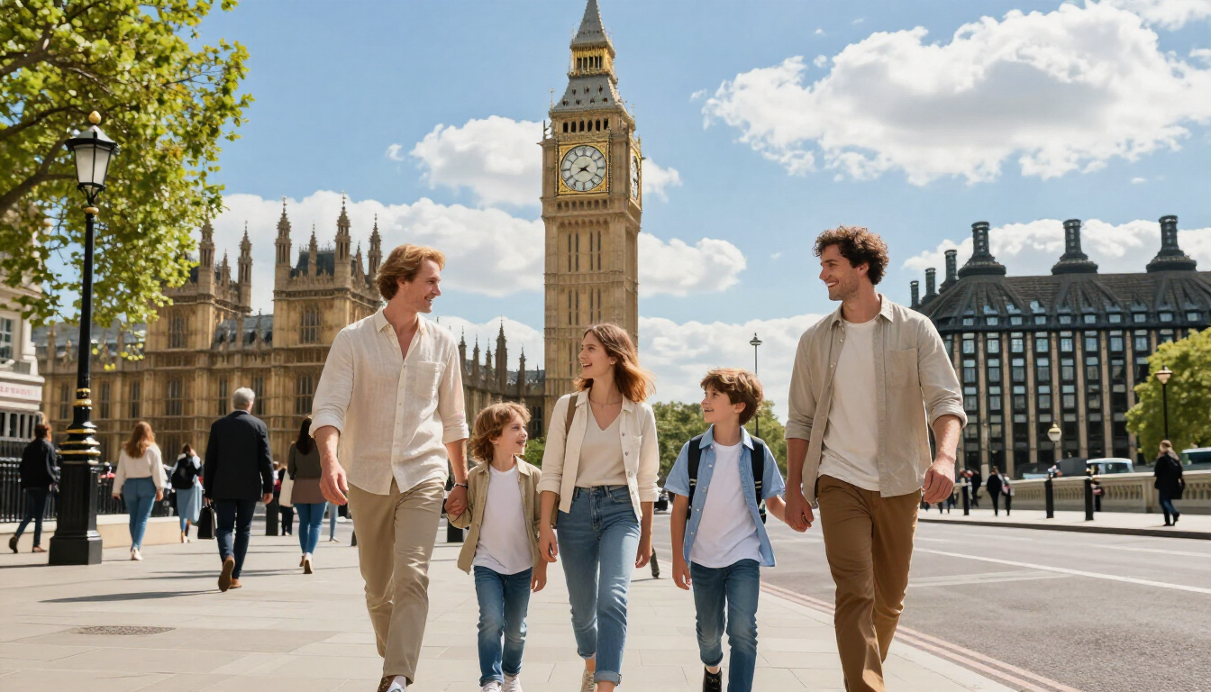 Happy family enjoying a city break in London near iconic landmarks.