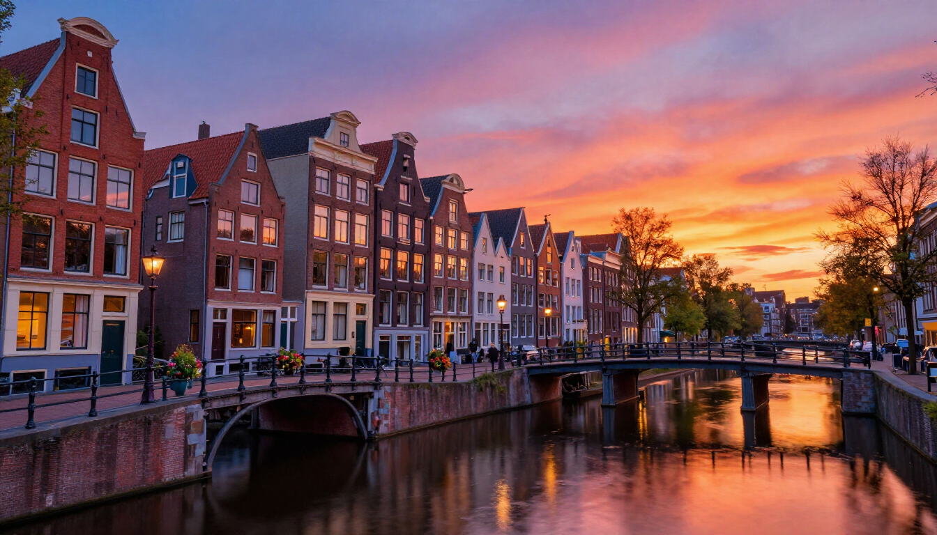 A sunny day on the Amsterdam canals with flowers on a bridge.
