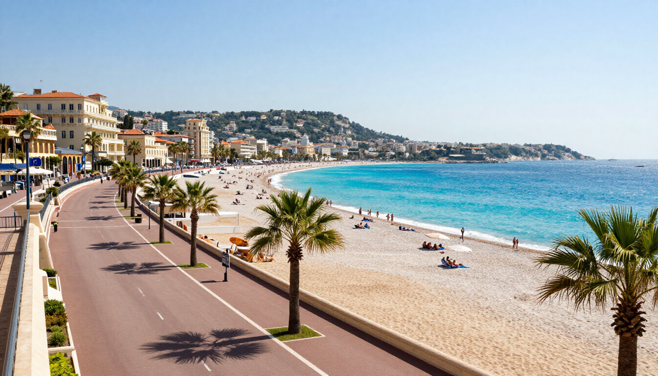 Panoramic view of the Promenade des Anglais in Nice, France.