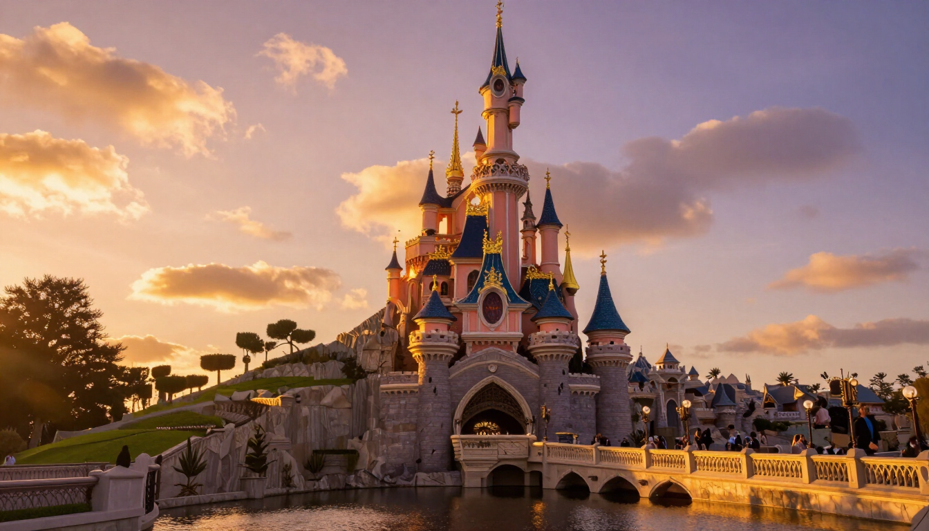 The iconic Disneyland Paris castle at sunset during the 2027 season launch.