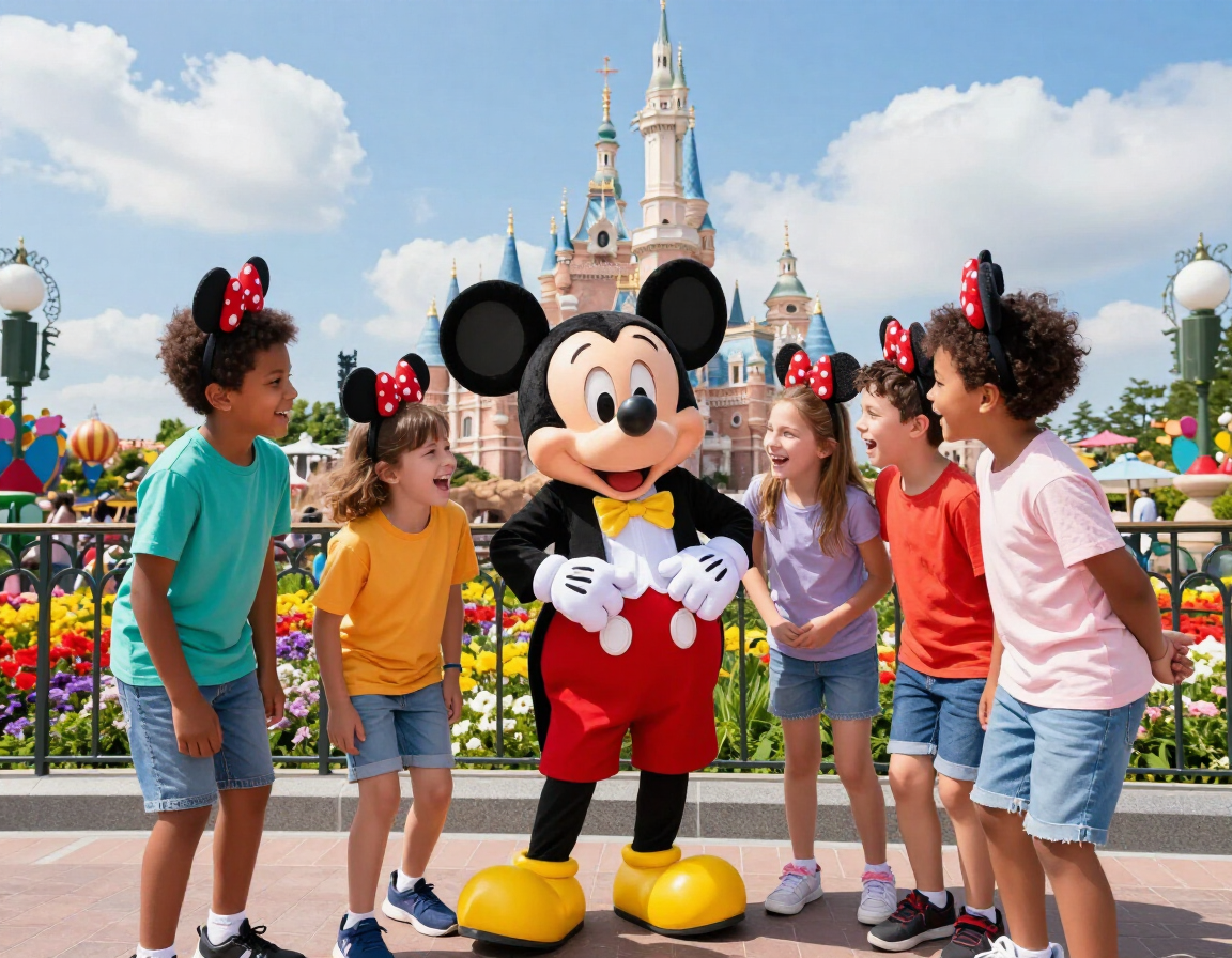 photorealistic children in mickey mouse ears meeting a character at disneyland paris joy and laughter colorful background