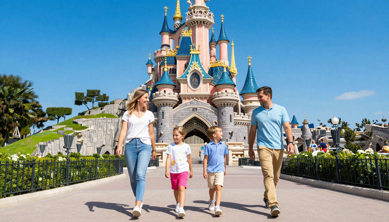 photorealistic happy family walking towards the sleeping beauty castle at disneyland paris bright daylight blue sky high quality
