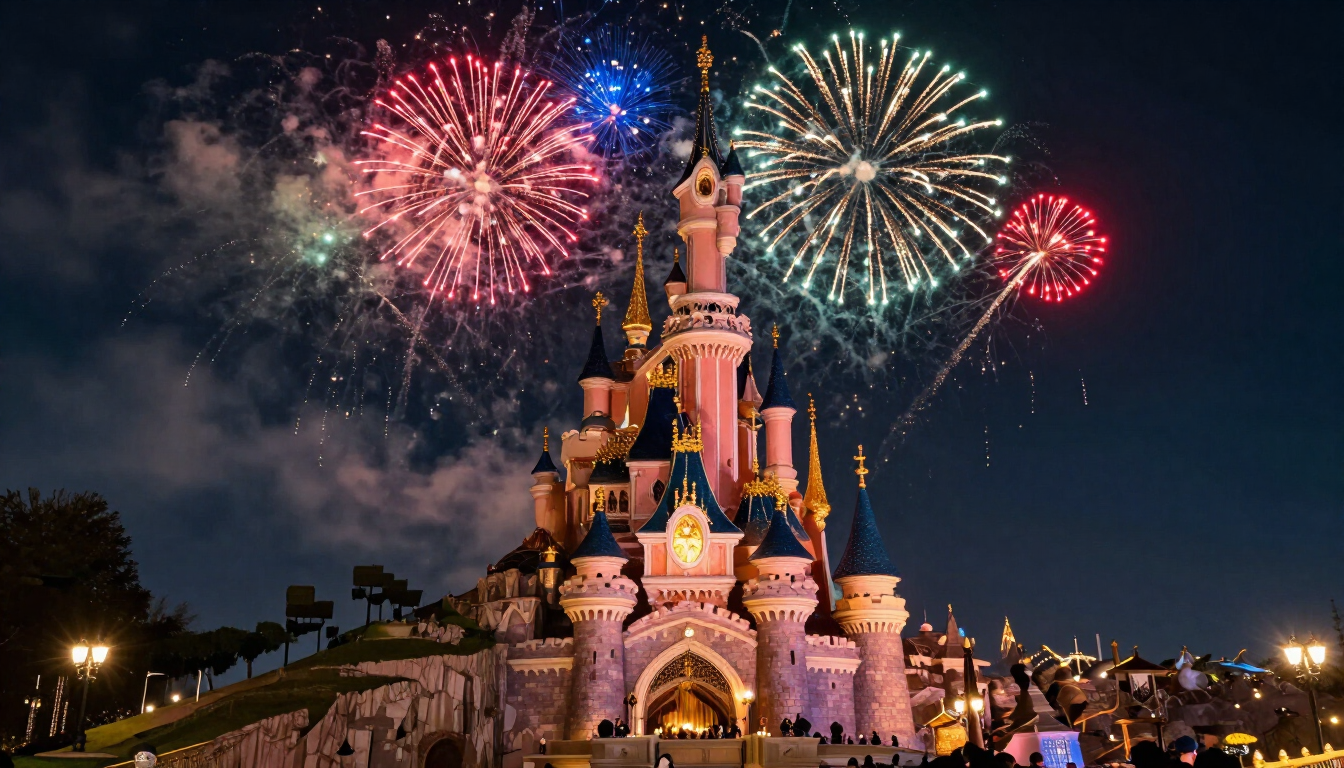 photorealistic nighttime view of disneyland paris with fireworks illuminating the sky and the castle high quality cinematic