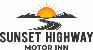 Sunset Highway Motor Inn logo with orange sun, mountains, and winding road