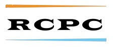 Logo RCPC avec texte noir et lignes horizontales orange et bleues