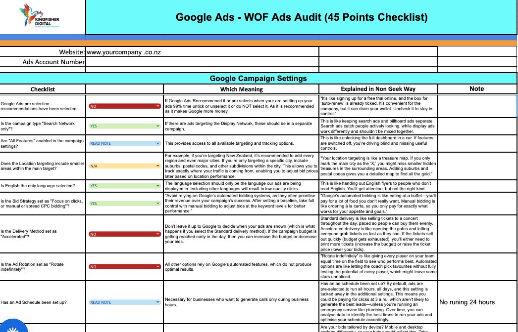 Google Ads WOF Audit screenshot