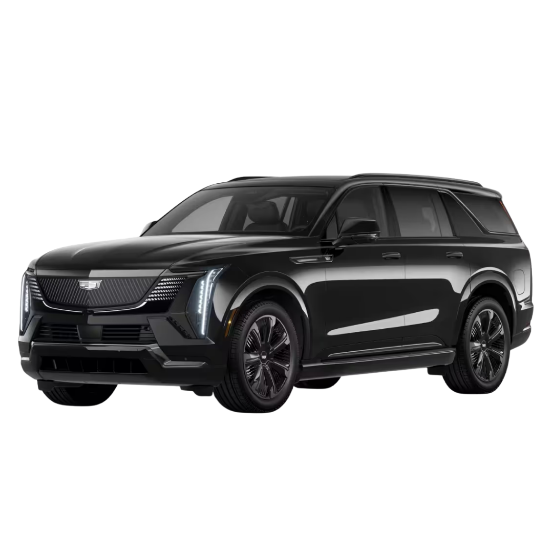 A black cadillac escalade is shown on a white background.