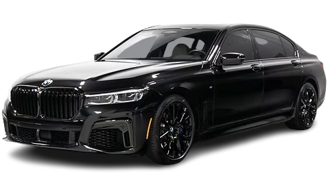 A black bmw 7 series is shown on a white background.