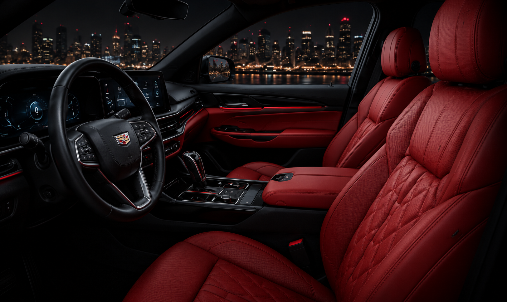 The interior of a car with black leather seats and a steering wheel