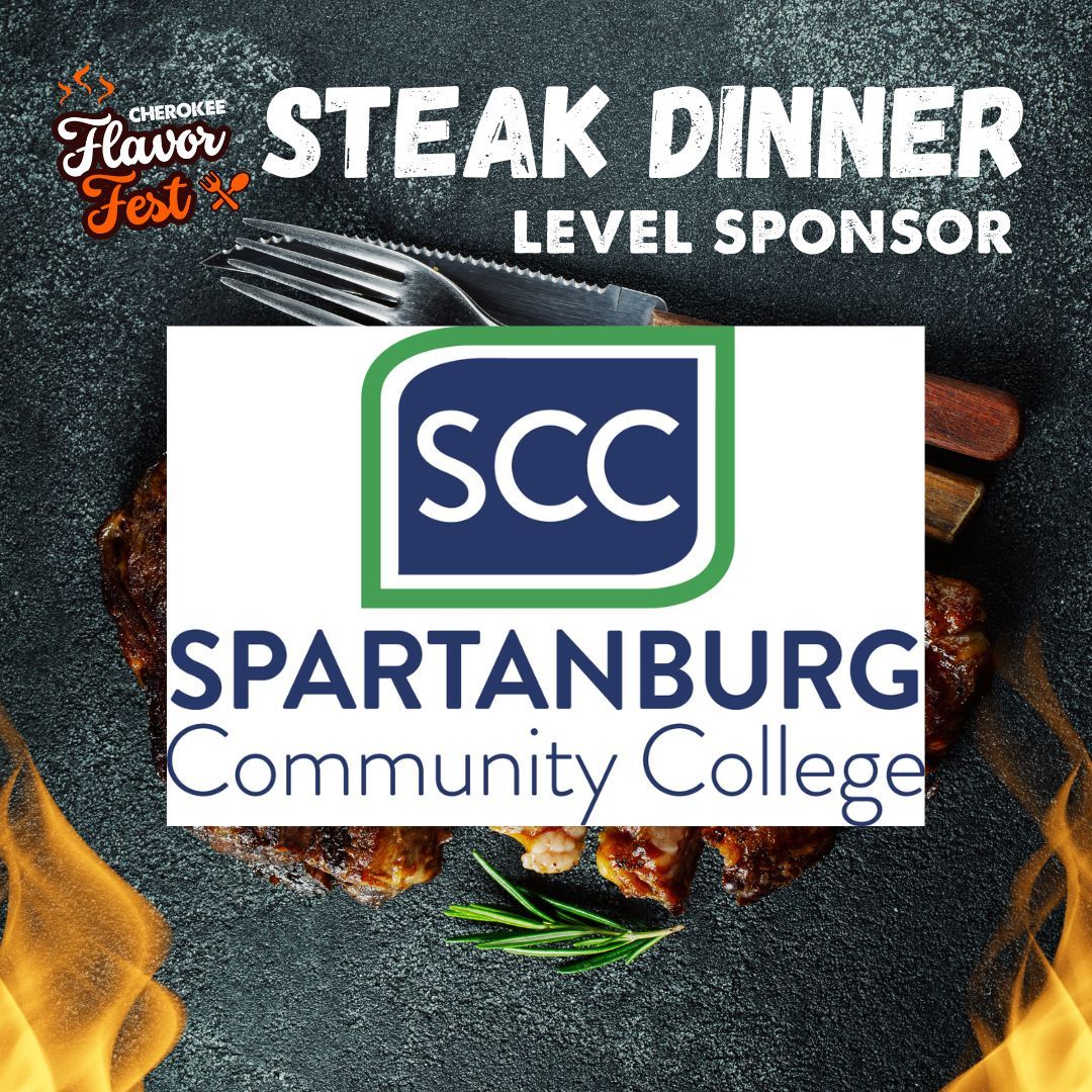 Steak dinner sponsor graphic with SCC Spartanburg Community College logo on a dark grilling background