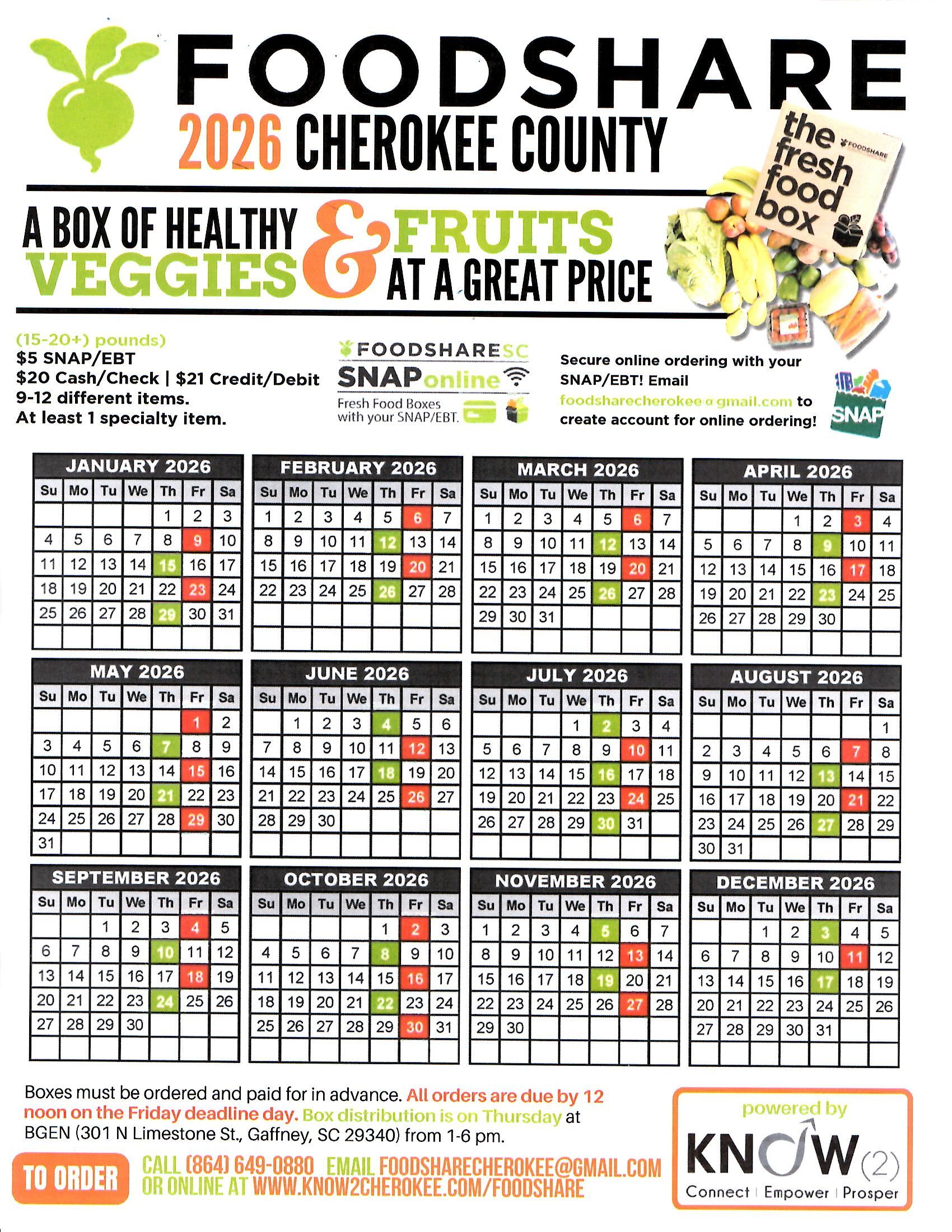 FOODSHARE 2026 Cherokee County calendar promoting healthy fruits and veggies with SNAP and monthly dates