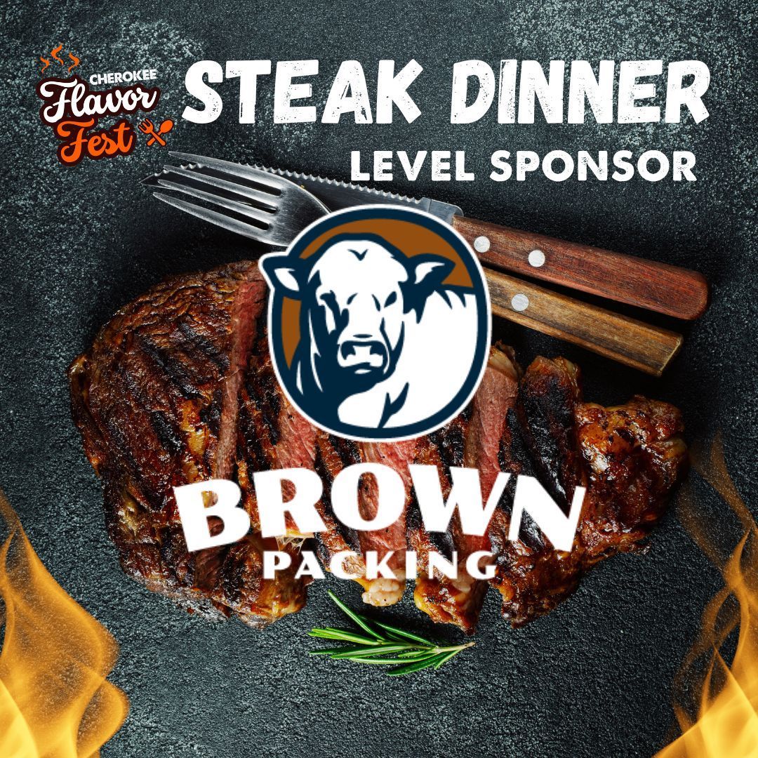 Brown Packing steak dinner sponsor graphic with grilled steak, fire, fork, and logo on dark background