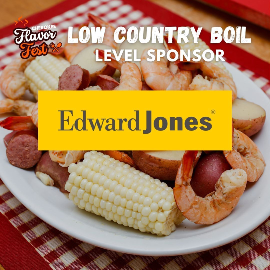 Low Country Boil sponsor graphic with Edward Jones logo over shrimp, sausage, corn, and potatoes