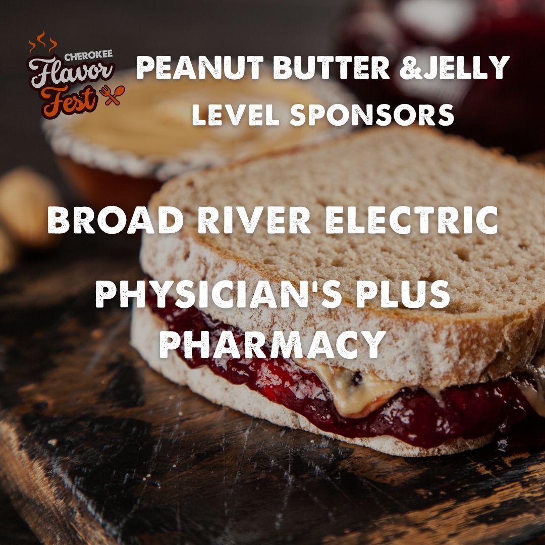Peanut butter and jelly sandwich sponsor graphic with Broad River Electric and Physician's Plus Pharmacy text