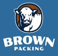 Brown Packing logo with a white cow head in a blue circle on a blue background