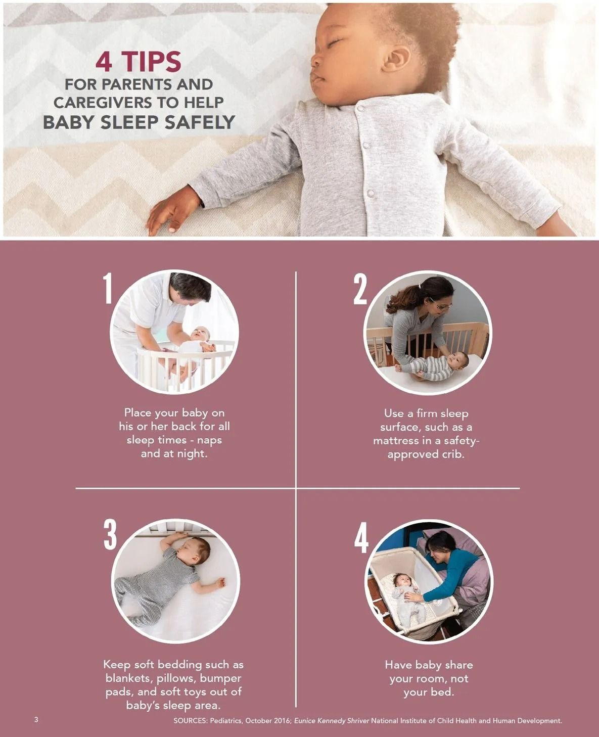 4 tips for parents and caregivers to help baby sleep safely, with baby photos on a pink background