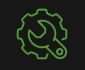 A neon sign of a wrench and gear on a black background.