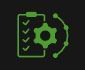 A green icon of a battery and a gear on a black background.