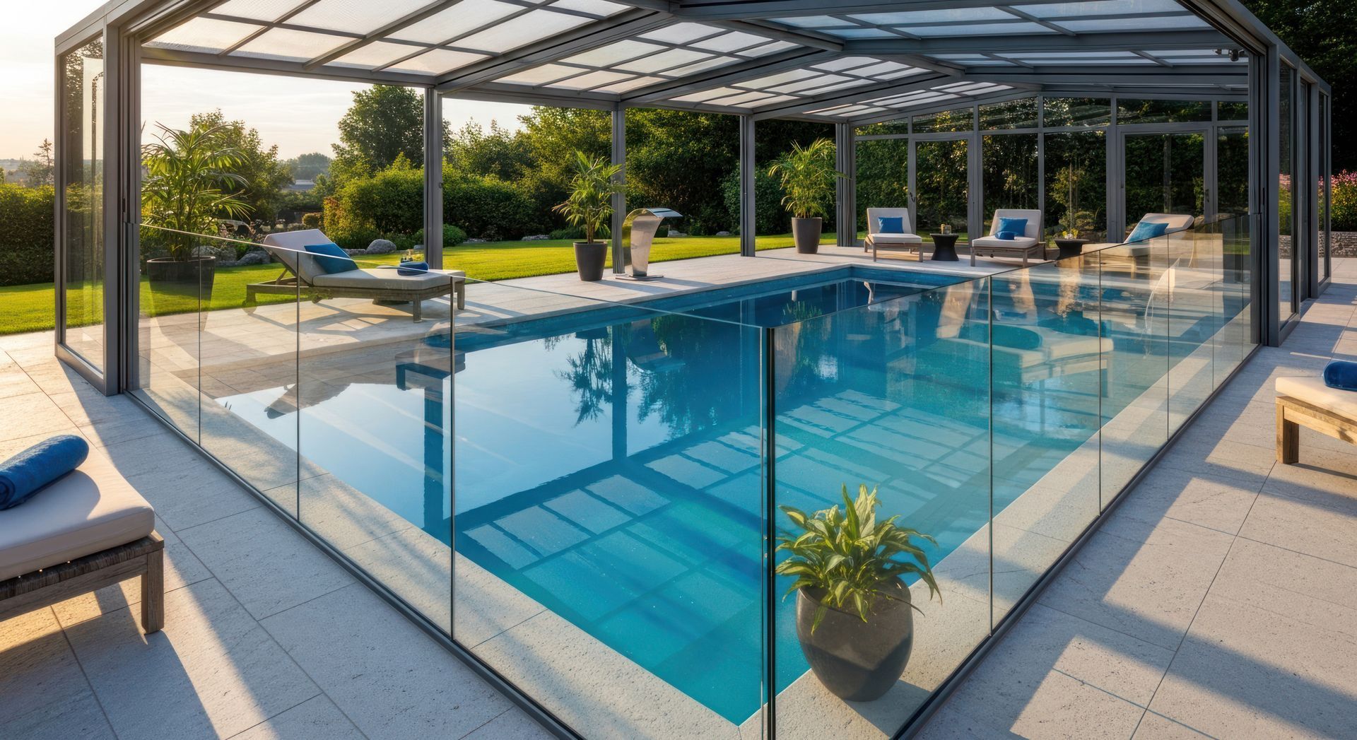 Modern glass pool enclosure by a professional pool enclosure contractor for year-round swimming. Modern glass pool enclosure by a professional pool enclosure contractor for year-round swimming.