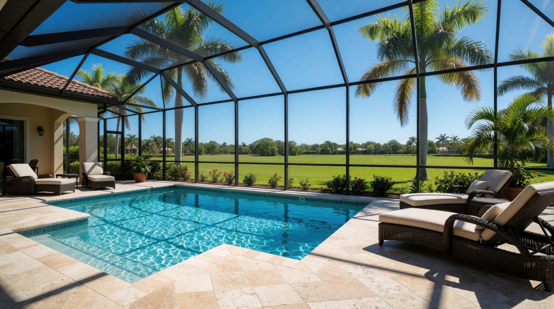 Screened-in swimming pool with lounge chairs, palm trees, and a green lawn. Screened-in swimming pool with lounge chairs, palm trees, and a green lawn.
