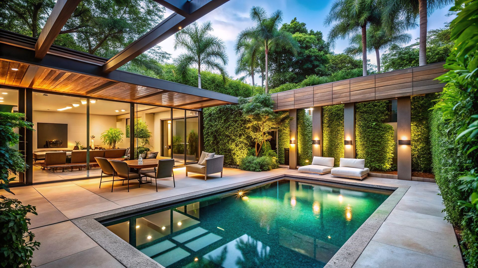 Screened pool enclosure over a backyard pool and patio at a modern home