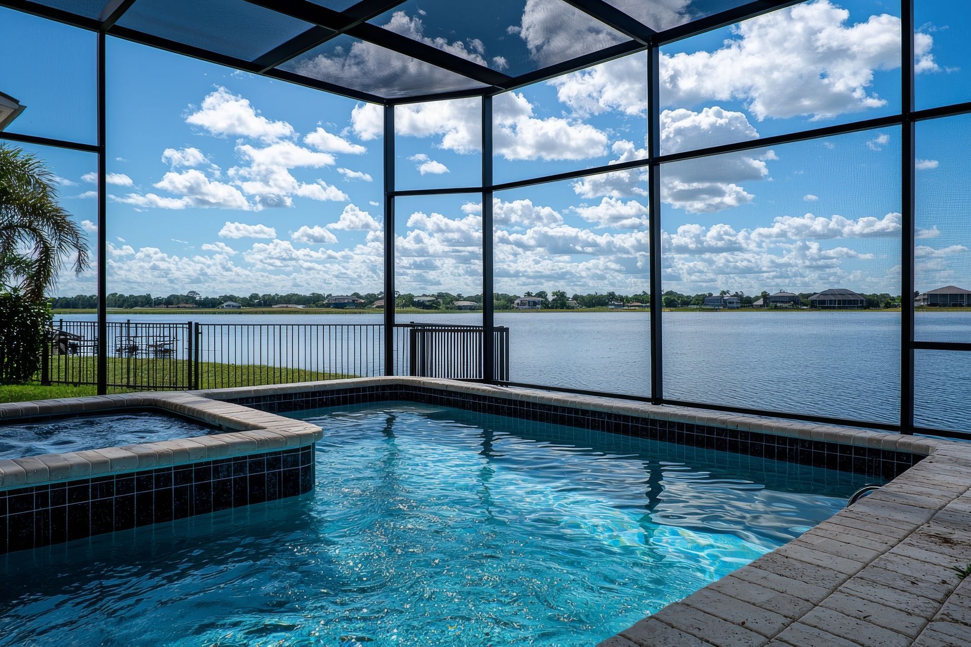 Modern pool and spa under a mesh cage installed by a residential patio enclosure contractor.