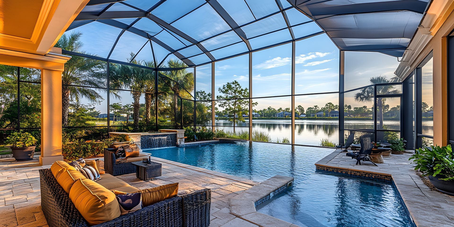 Screened-in outdoor pool area overlooking a lake with palm trees and a clear blue sky