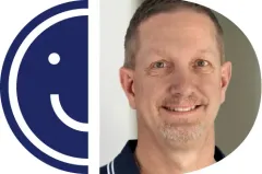 A headshot of a smiling man with a goatee framed inside a circular cutout, placed alongside the left half of a blue smiley face logo.