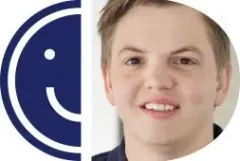 A headshot of a smiling man framed inside a circular cutout, placed alongside the left half of a blue smiley face logo.