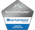 Silver, blue, and white ShingleMaster certification logo by CertainTeed for roofing contractors.