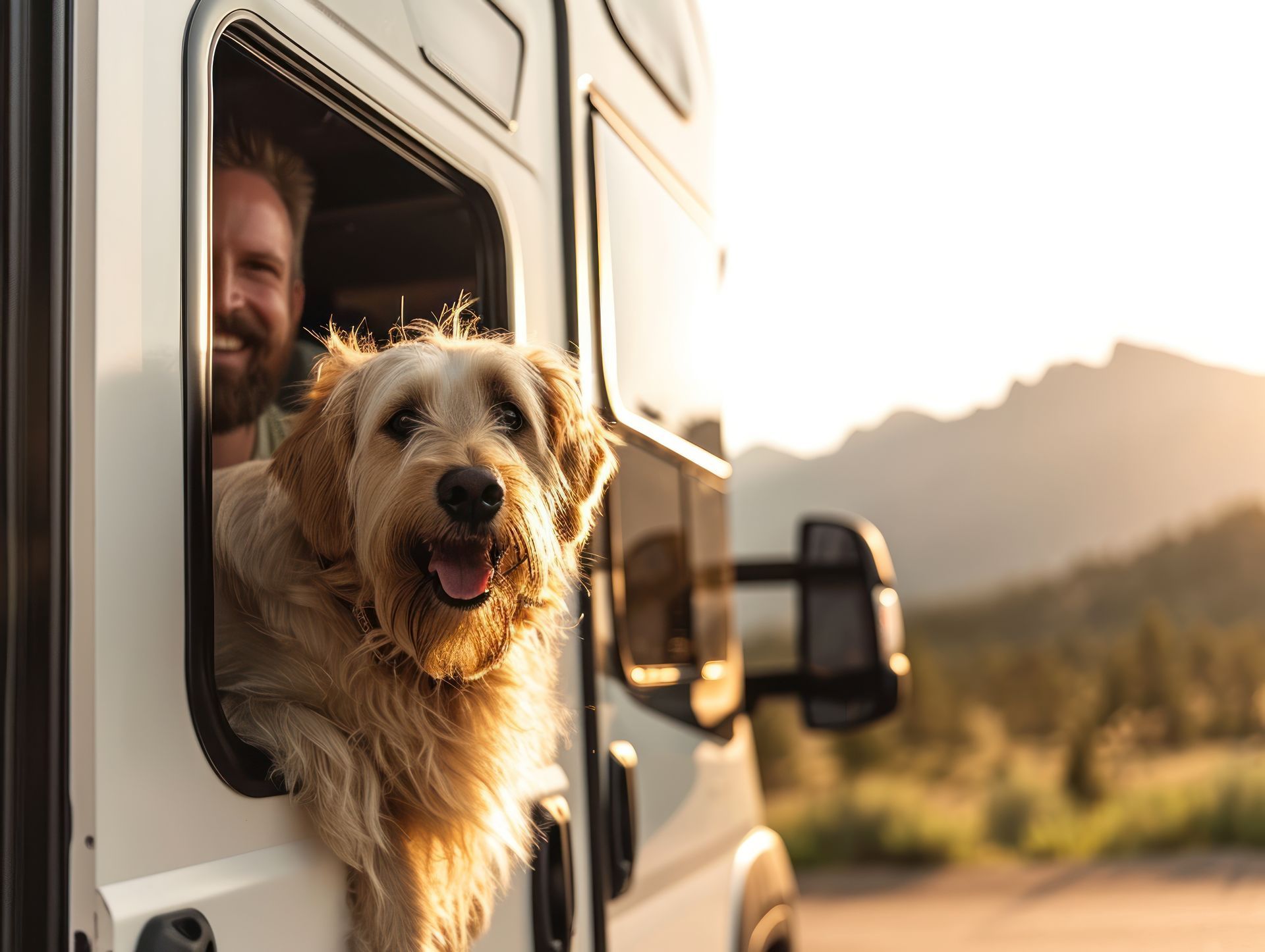 Dog leaning out of a camper van window with a smiling person inside, mountains in the background