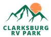 Clarksburg RV Park logo with green mountains and orange sun above the name