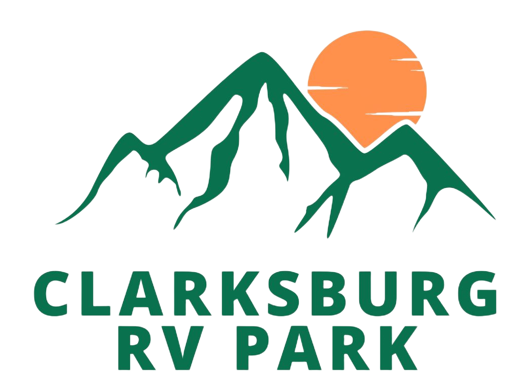 Clarksburg RV Park logo with green mountains and orange sun above the name