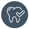 White tooth icon with a checkmark inside a dark blue circle.