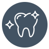White outlined tooth icon with sparkles inside a dark gray circle.