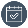 White calendar with checkmark icon inside a dark blue circle
