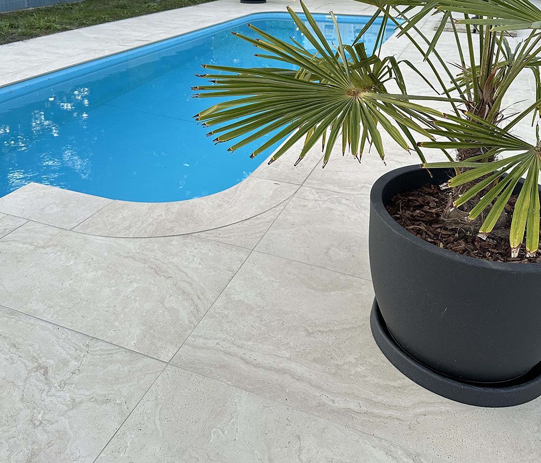 Eine Topfpflanze steht neben einem Swimmingpool.