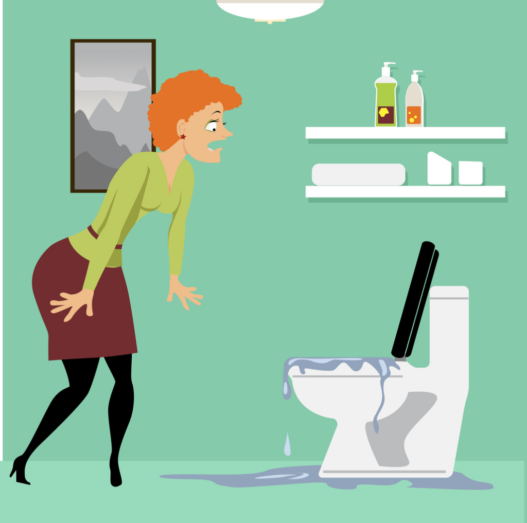 A woman is standing next to a leaking toilet in a bathroom