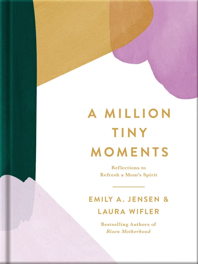Book cover titled “A Million Tiny Moments” with abstract green, gold, and lavender shapes.